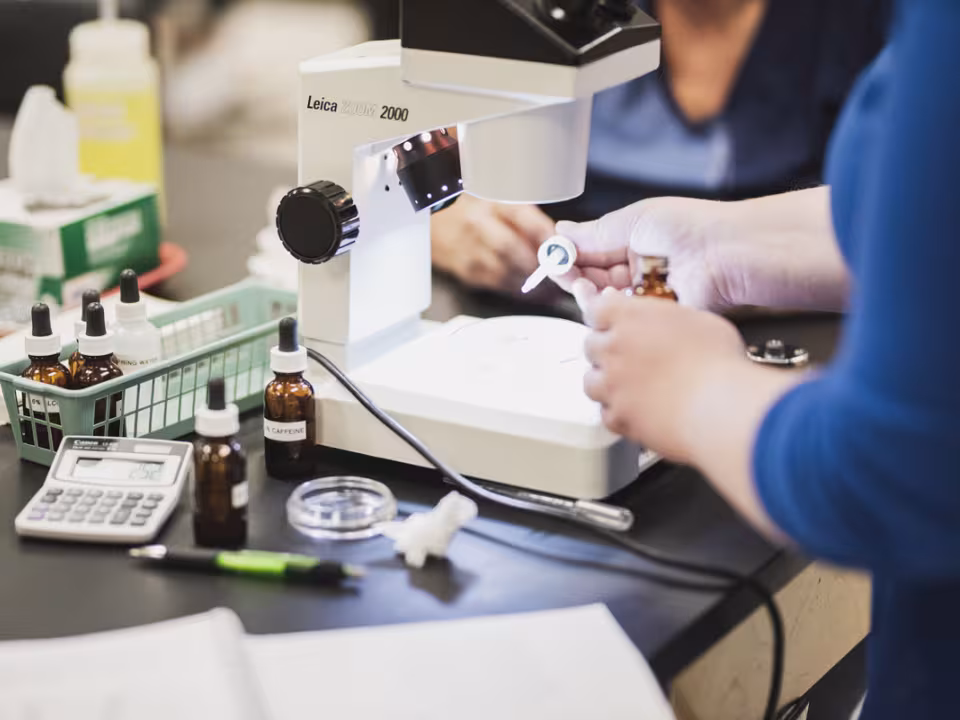 GRCC biology student using a medicine dropper to put liquid on a microscope  slide.