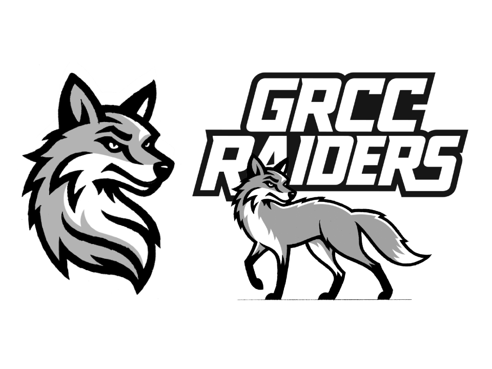 A sketch of a fierce and determined fox's head and the fox in front of the GRCC Raiders logo.