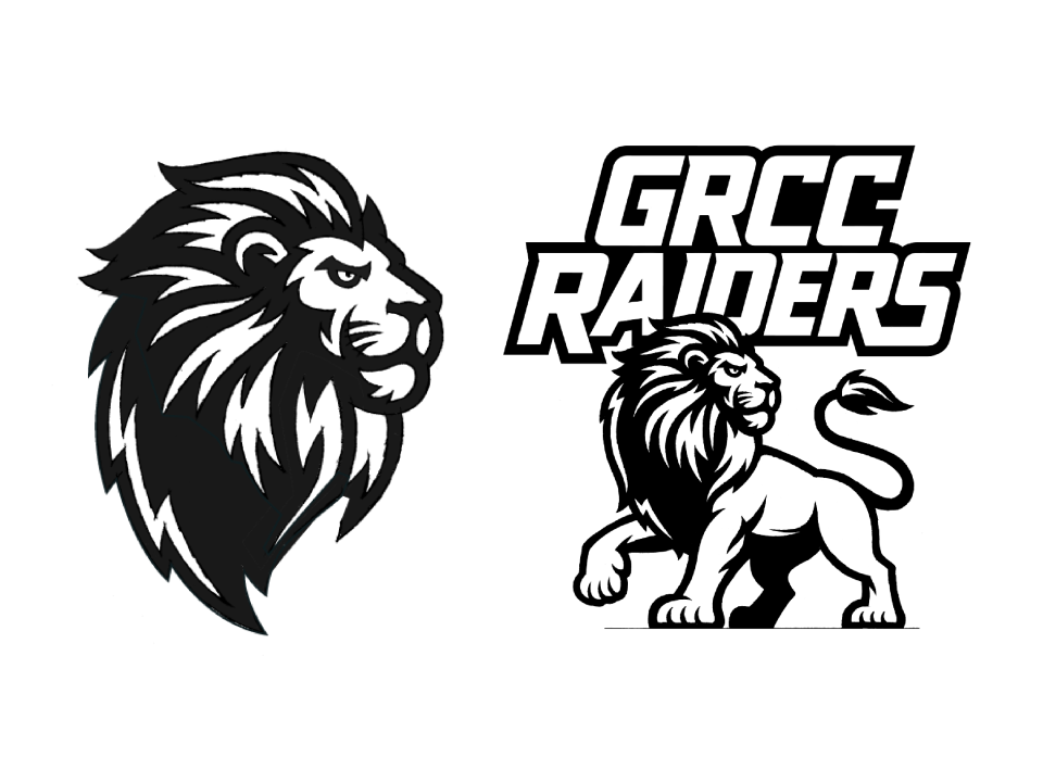 A sketch of a fierce, determined lion's head and the full lion in front of the GRCC Raiders Logo.