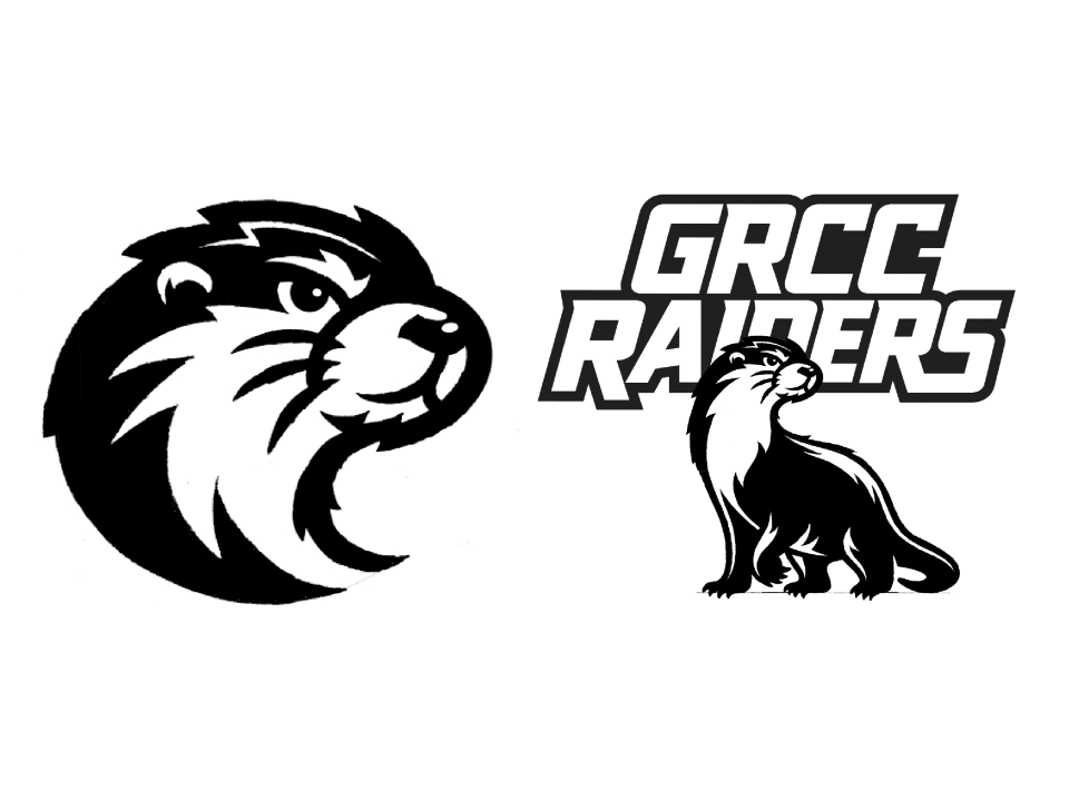 Sketches of an otter head and a full otter in front of the GRCC Raiders logo