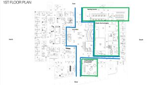 A blueprint showing the areas for the Testing Center, Media Technologies and the Experimental Classroom.