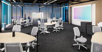 The experimental classroom featuring rolling chairs, tables and a large screen.