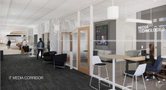 IT Media Corridor featuring a variety of seating and glass windows.
