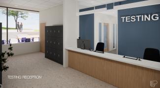 A service desk with the word "Testing" on the wall behind.