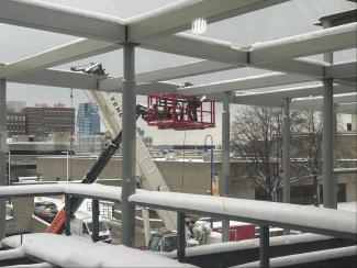 Welded Steel beams and a construction lift.