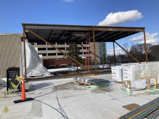 The penthouse under construction with only the roof added.