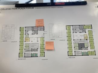 A design board of floor layouts with handwritten sticky notes stuck to it.