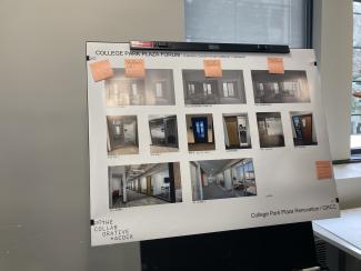 A board of photos of interior spaces and 3D renderings.