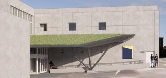 A rendering of the Ford Recreation Cenrter entryway canopy, featuring a green roof.