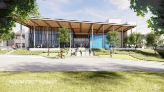 West side rendering of the LRC with windows, entrance, terrace and blue glass wall