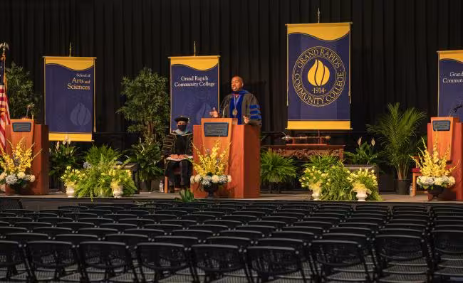 GRCC President Pink making remarks at the virtual commencement.