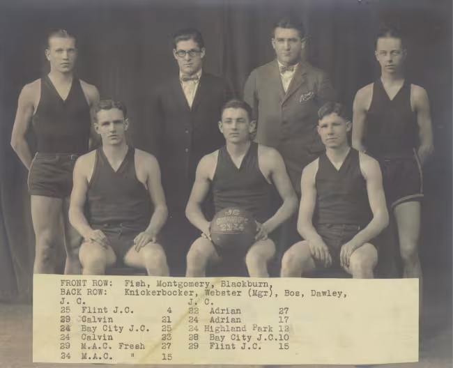 John Bos pictured in the back row of a GRCC basketball team photo.