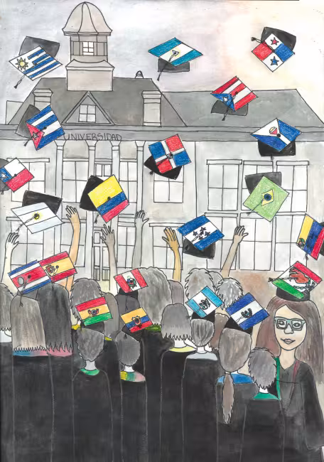 The first-place poster for the Latino Youth Conference, by Laina Delgado, shows high school grads tossing their morterboards -- which have flags on them from different Latin countries -- into the air.
