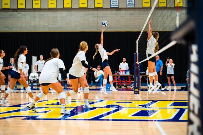 GRCC volleyball players driving the ball over the net.
