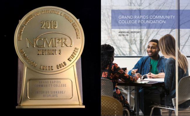 An NCMPR Gold Medallion Award and the cover of the 2018-2019 Annual Report.