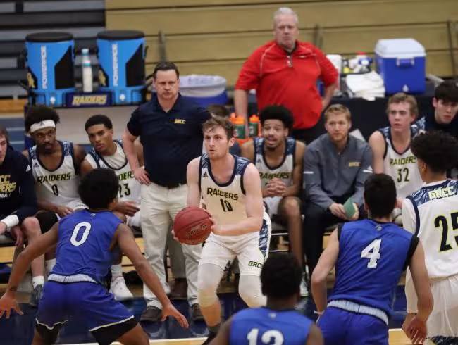 GRCC basketball coach Jeff Bauer watches the action on the court.