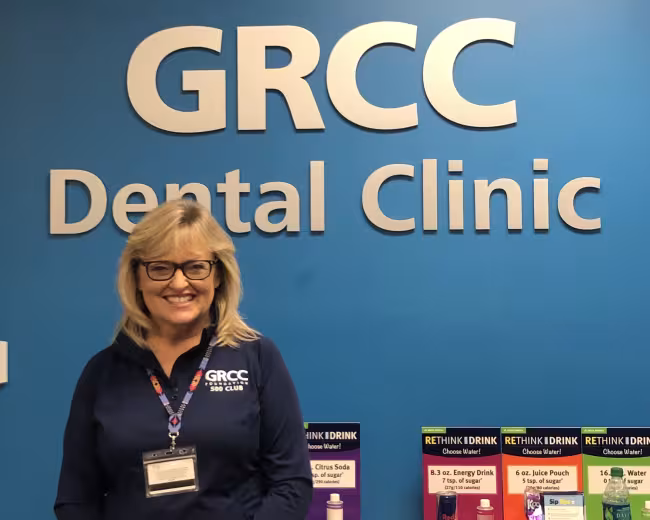 Christine Dobberstein posing in the Dental Clinic.