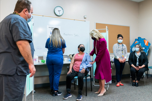 First Lady Jill Biden visiting a vaccination clinic.