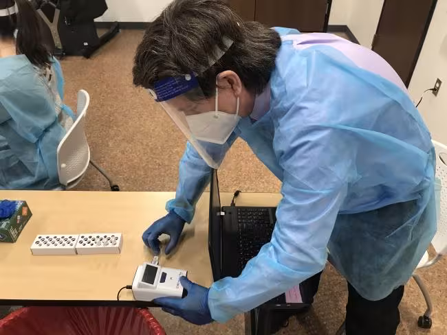 Dr. Rodney Larson, assistant dean of Academics and Practice at the Ferris College of Pharmacy, administered one of the tests at GRCC's Gerald R. Ford Fieldhouse this week. 