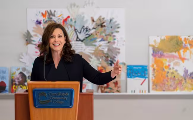 Gov. Gretchen WHitmer speaking at GRCC.