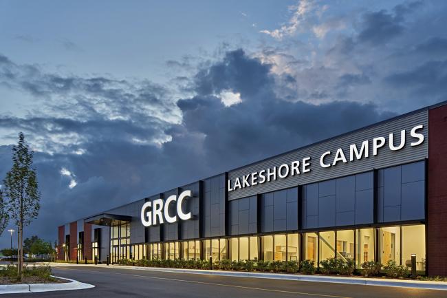 A photo of the GRCC Lakeshore Campus at dusk.