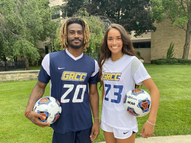 Rico Wade and Audrey Torres model the new GRCC soccer uniforms.