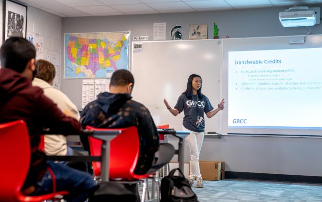 GRCC student Hannah Kragt talking to Union High students.