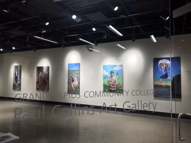 The exhibition as seen through the doors of the gallery.