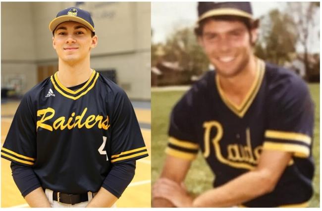 Brady Paganelli (left) wears the new alternate jersey, which is similar to those worn by coach Mike Eddington when he played at GRJC (right).