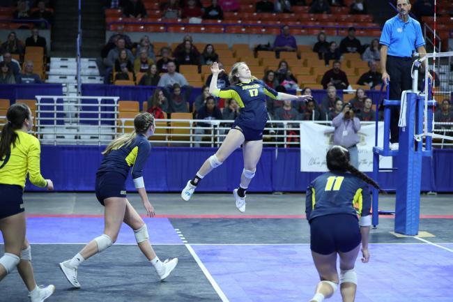 Volleyball player jumping in front of the net to launch a spike.