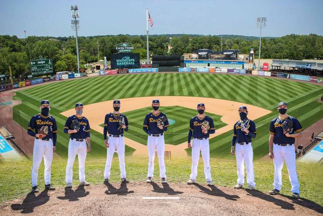 Photo illustration of GRCC baseball players superimposed over LMCU Ballpark field.