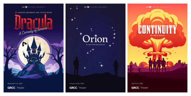 Posters for three plays: Dracula, featuring a spooky castle, Orion, featuring a starry sky, and Continuity, featuring an atomic explosion.