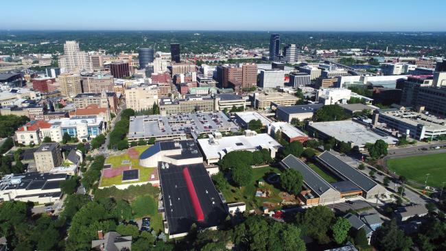 An aerial view of GRCC's main campus and downtown Grand Rapids. 
