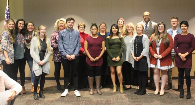 President Pink, Provost Chesley, Rebecca Brinks and Tricia Siegel stand with scholarship recipients.