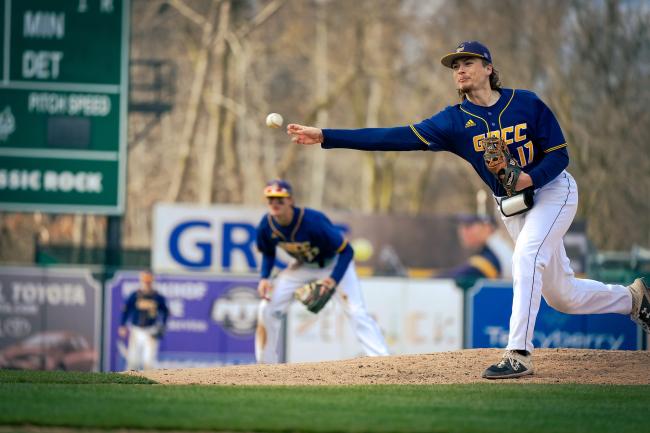 GRCC baseball pitcher on the mound at LMCU ballpark last year.