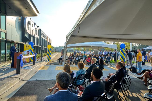 GRCC President Bill Pink addressing crowd before ribbon cutting.
