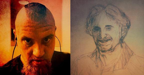 Photo of Mark Fortuna and his portrait of his father, David.