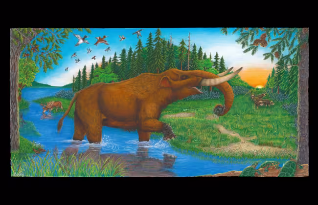 An vibrant illustration of a mastodon standing in a river.