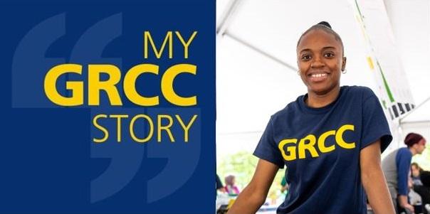 The My GRCC Story podcast logo and a portrait of Evodie Djunga.