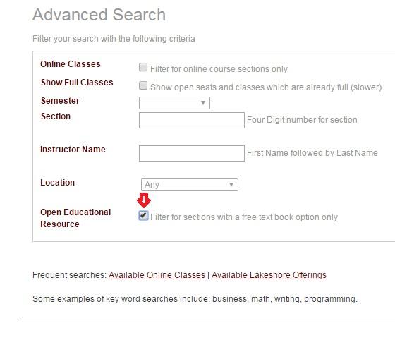 A screenshot showing how to select GRCC class sections that use Open Educational Resources: Advanced Search. Filter you search with the following criteria. Online classes – Filter for online course sections only. Show Full Classes – Show open seats and classes which are already full (slower). Semester (pull-down menu). Section – Four Digit number for section. Instructor Name – First name followed by last name. Location (“any” is default option on this pull-down menu). Open Educational Resource – Filter for 