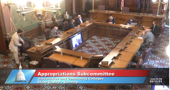 Screen capture of President Pink testifying remotely before state Senate committee.