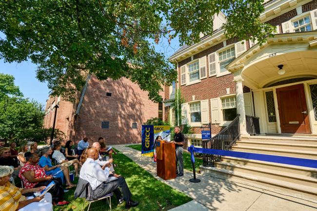 President Emeritus Steven Ender speaking at the Ender Hall ribbon-cutting.