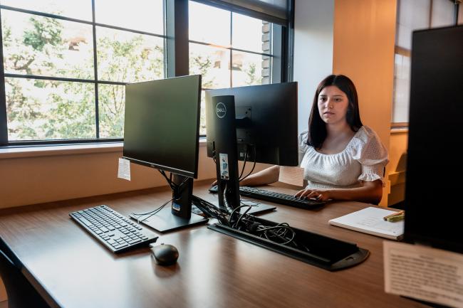 A person works at a computer.