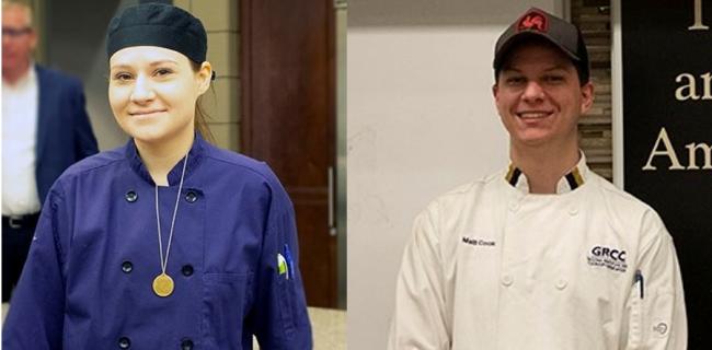 GRCC students Sarah Schmidt and Matthew Cook wearing culinary program uniforms.