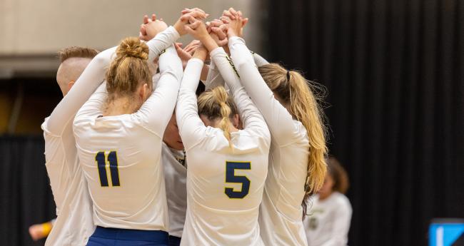 Volleball team celebrating after a point.