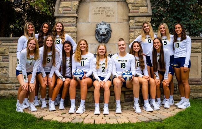 The GRCC volleyball team, posing with the iconic lion fountain, was ranked No. 5 in the nation. 