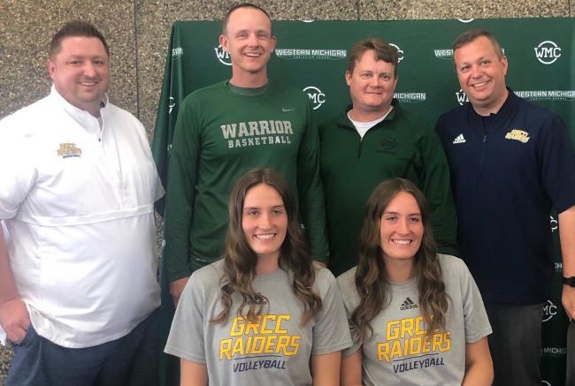 Maddie and Kyla Wiersema with GRCC and West Michigan Christian coaches.