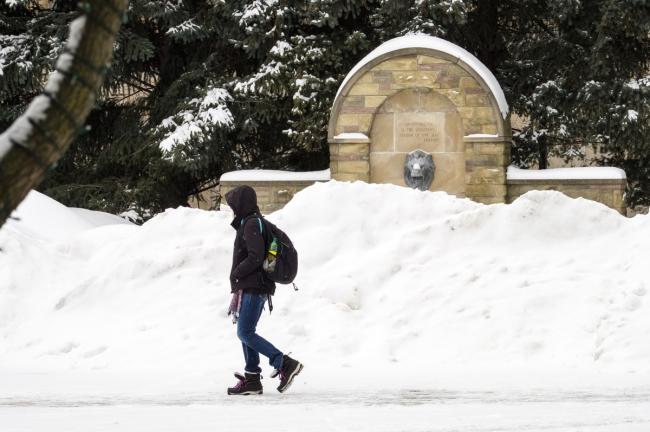 Student walking on campus near lion fountain on a snowy day.