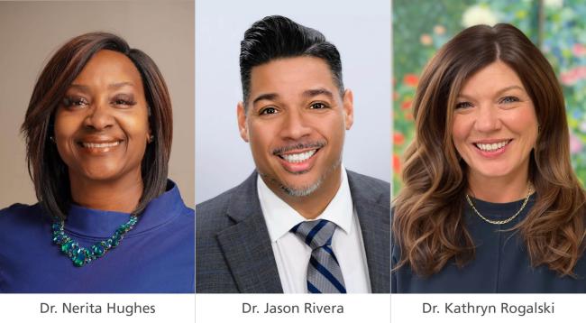 Side-by-side headshots of Nerita Hughes, Jason Rivera and Kathryn Rogalski.