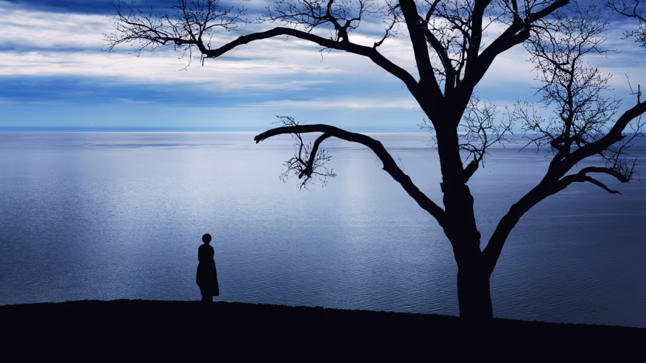 A piece by Andrew Caldwell featuring a silhouette of a tree towering over a silhouette of a person overlooking a large body of water.